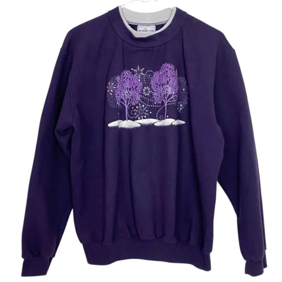 Vintage 90s Pullover Sweatshirt Womens Medium Large Tree Purple Nerdy Granny - Picture 1 of 11
